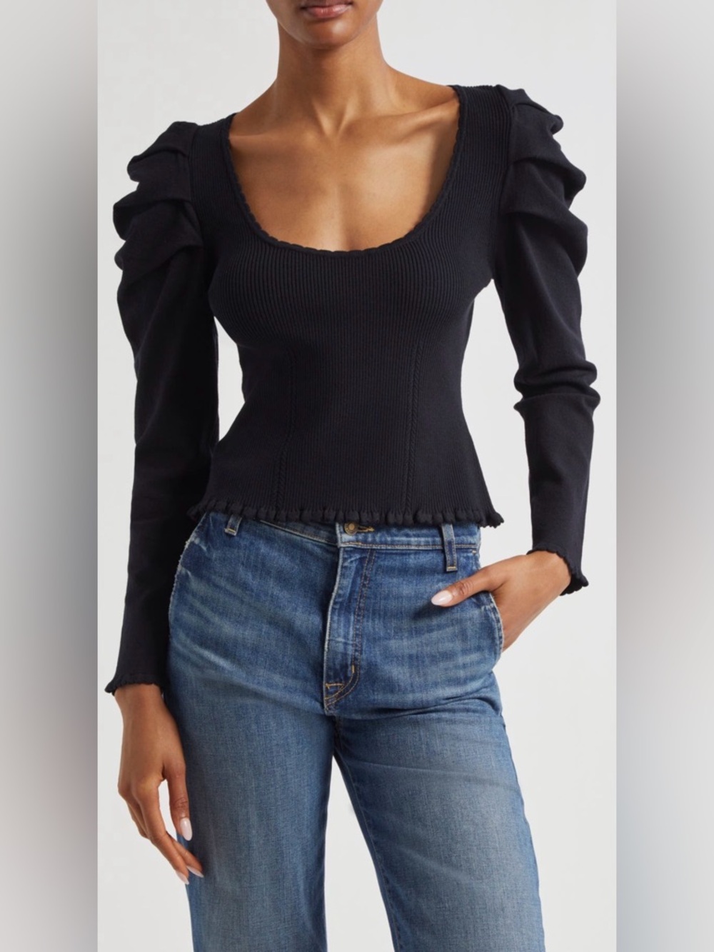 FARM Rio Black Blouse with Ruffled Sleeves